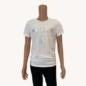 BALMAIN LOGO-PRINT COTTON MENS SHIRT. WHITE/CHROME SIZE M